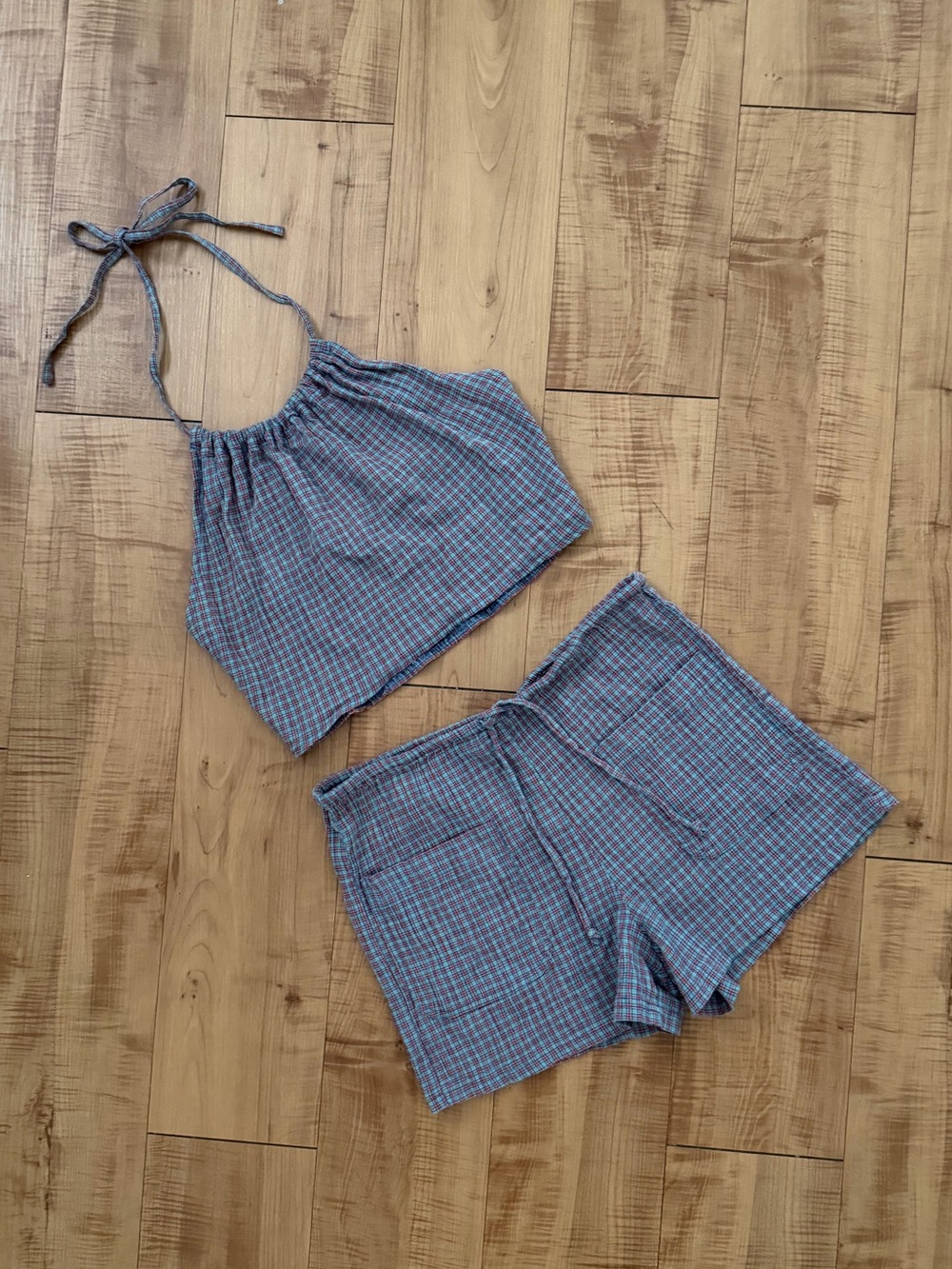 Vintage Cotton Plaid Halter Crop Top & Shorts Set